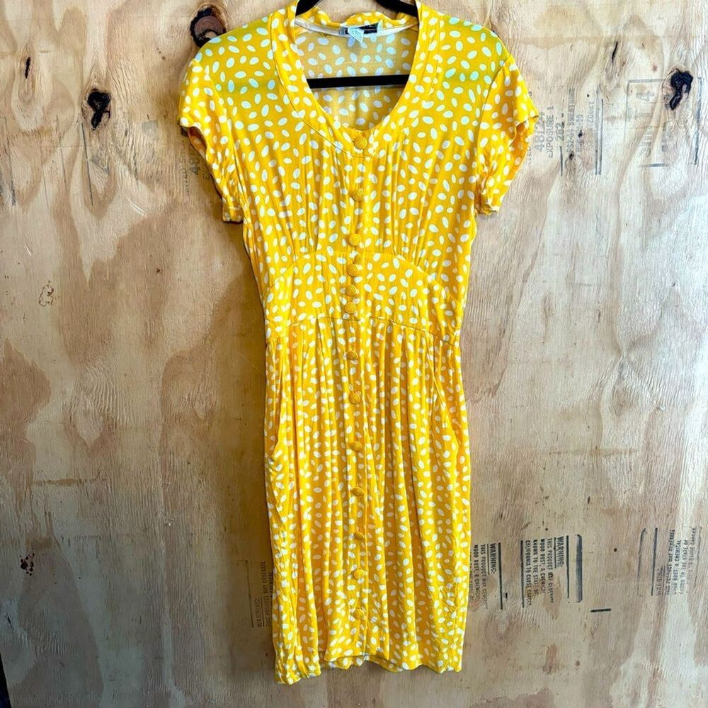 Vintage Karin Stevens Yellow Polka Dot Button Front Sundress Medium